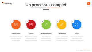 www.citruseo.com
© 2017 Citruseo. All Rights Reserved.
8
3 4 51 2
Nous vous accompagnons
dans la gestion et la
promotion de votre e-shop
Suivi
Nous configurons
intégralement votre
solution e-commerce
Développement
Nous réalisons le design
smartphone et PC de
votre futur e-commerce
Design
Nous préparons avec vous
votre projet dans les
moindres détails
Planification
Ca y est ! Votre boutique
en ligne est désormais
accessible à vos clients
Lancement
Un processus completNous sommes avec vous avant, pendant et après
 