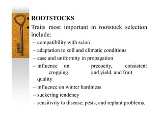  ROOTSTOCKS
 Traits most important in rootstock selection
include:
– compatibility with scion
– adaptation to soil and climatic conditions
– ease and uniformity in propagation
– influence on precocity, consistent
cropping and yield, and fruit
quality
– influence on winter hardiness
– suckering tendency
– sensitivity to disease, pests, and replant problems.
 