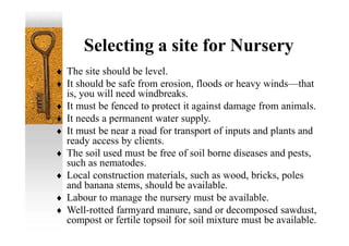 Selecting a site for Nursery
 The site should be level.
 It should be safe from erosion, floods or heavy winds—that
is, you will need windbreaks.
 It must be fenced to protect it against damage from animals.
 It needs a permanent water supply.
 It must be near a road for transport of inputs and plants and
ready access by clients.
 The soil used must be free of soil borne diseases and pests,
such as nematodes.
 Local construction materials, such as wood, bricks, poles
and banana stems, should be available.
 Labour to manage the nursery must be available.
 Well-rotted farmyard manure, sand or decomposed sawdust,
compost or fertile topsoil for soil mixture must be available.
 