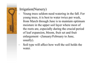 2. Irrigation(Nursery)
– Young trees seldom need watering in the fall. For
young trees, it is best to water twice per week,
from March through June is to maintain optimum
moisture in the upper soil layer where most of
the roots are, especially during the crucial period
of leaf expansion, bloom, fruit set and fruit
enlargement –(January/February to June,
usually).
– Soil type will affect how well the soil holds the
water.
 