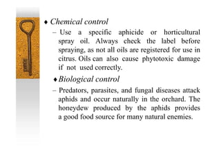  Chemical control
– Use a specific aphicide or horticultural
spray oil. Always check the label before
spraying, as not all oils are registered for use in
citrus. Oils can also cause phytotoxic damage
if not used correctly.
Biological control
– Predators, parasites, and fungal diseases attack
aphids and occur naturally in the orchard. The
honeydew produced by the aphids provides
a good food source for many natural enemies.
 