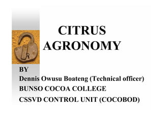 CITRUS
AGRONOMY
BY
Dennis Owusu Boateng (Technical officer)
BUNSO COCOA COLLEGE
CSSVD CONTROL UNIT (COCOBOD)
 