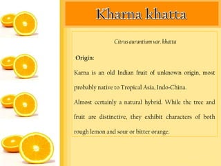 Citrus aurantium var. khatta

Origin:

Karna is an old Indian fruit of unknown origin, most

probably native to Tropical Asia, Indo-China.

Almost certainly a natural hybrid. While the tree and

fruit are distinctive, they exhibit characters of both

rough lemon and sour or bitter orange.
 