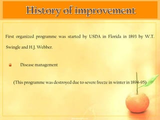 First organized programme was started by USDA in Florida in 1893 by W.T.

Swingle and H.J. Webber.


       Disease management


   (This programme was destroyed due to severe freeze in winter in 1894-95)
 