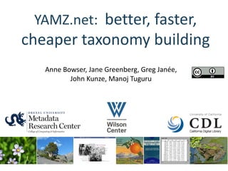 YAMZ.net:		better,	faster,	
cheaper	taxonomy	building
Anne	Bowser,	Jane	Greenberg,	Greg	Janée,
John	Kunze,	Manoj Tuguru
 