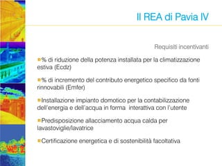 Il REA di Pavia IV
Requisiti incentivanti
% di riduzione della potenza installata per la climatizzazione
estiva (Ecdz)
% d...