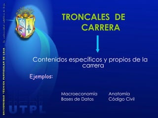 TRONCALES  DE    CARRERA Contenidos específicos y propios de la carrera Ejemplos: Macroeconomía Anatomía Bases de Datos Código Civil 