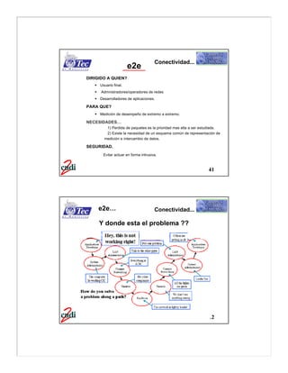 Conectividad...
                      e2e
DIRIGIDO A QUIEN?
   § Usuario final.
   §   Admnistradores/operadores de redes
   § Desarrolladores de aplicaciones.

PARA QUE?
   § Medición de desempeño de extremo a extremo.

NECESIDADES…
         1) Perdida de paquetes es la prioridad mas alta a ser estudiada.
         2) Existe la necesidad de un esquema común de representación de
        medición e intercambio de datos.

SEGURIDAD.
        Evitar actuar en forma intrusiva.



                                                                  41




       e2e…                            Conectividad...

       Y donde esta el problema ??




http://e2epi.internet2.edu
                                                                  42
 