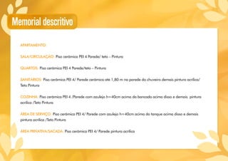 Memorial descritivo
APARTAMENTO:
SALA/CIRCULAÇÃO: Piso cerâmica PEI 4 Parede/ teto – Pintura
QUARTOS: Piso cerâmica PEI 4 Parede/teto – Pintura
SANITÁRIOS: Piso cerâmica PEI 4/ Parede cerâmica até 1,80 m na parede do chuveiro demais pintura acrílica/
Teto Pintura
COZINHA: Piso cerâmica PEI 4 /Parede com azulejo h=40cm acima da bancada acima disso e demais pintura
acrílica /Teto Pintura
ÁREA DE SERVIÇO: Piso cerâmica PEI 4/ Parede com azulejo h=40cm acima do tanque acima disso e demais
pintura acrílica /Teto Pintura
ÁREA PRIVATIVA/SACADA: Piso cerâmica PEI 4/ Parede pintura acrílica
 