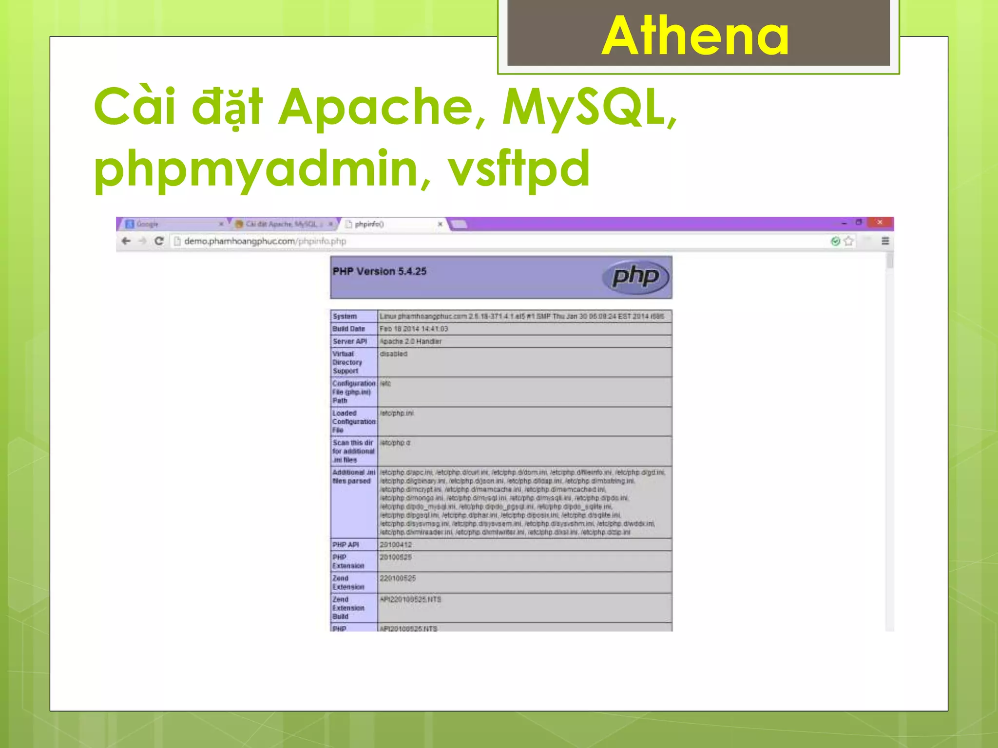Cài đặt Apache, MySQL,
phpmyadmin, vsftpd
Athena
 