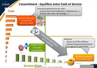 Surfaces (de vente, de stockage,...)CoûtTous les produits sont présents dans tous mes points de ventesMenaces : Baisse du Chiffre d’Affaire