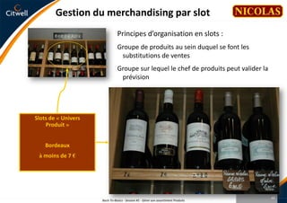 Les objectifs de NicolasL’enjeu : Rendre l’offre plus homogène et performante en réduisant les stocks magasins et plateformeMieux encadrer l’assortiment dans le respect du contrat cavisteRéduire la largeur de l’offre EnseigneAssurer la présence des Best sur tous les magasins, y compris lors des animationsBaisser les ruptures sur commandes cavistesBaisser les niveaux de stocks plateforme et magasins Améliorer la performance des animations :Rythme intense qui concerne un nombre de skus pouvant atteindre 10% du facing,Dotations à corréler avec le potentiel individuel des magasinsIntroduire une logique d’épuisement en fin d’animationBack-To-Basics - Session #1 - Gérer son assortiment Produits44