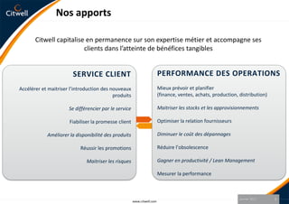 Nos apportsCitwell capitalise en permanence sur son expertise métier et accompagne ses clients dans l’atteinte de bénéfices tangiblesSERVICE CLIENTAccélérer et maitriser l’introduction des nouveaux produitsSe différencier par le serviceFiabiliser la promesse clientAméliorer la disponibilité des produitsRéussir les promotionsMaitriser les risquesPERFORMANCE DES OPERATIONSMieux prévoir et planifier (finance, ventes, achats, production, distribution)Maitriser les stocks et les approvisionnementsOptimiser la relation fournisseursDiminuer le coût des dépannagesRéduire l’obsolescenceGagner en productivité / Lean ManagementMesurer la performanceJanvier 20116www.citwell.com