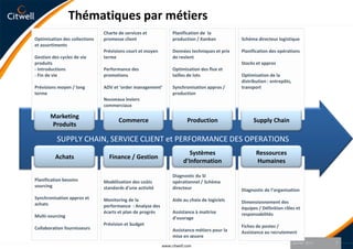 Thématiques par métiersCharte de services et promesse client Prévisions court et moyen termePerformance des promotionsADV et ‘order management’Nouveaux leviers commerciauxOptimisation des collections et assortimentsGestion des cycles de vie produits- Introductions - Fin de viePrévisions moyen / long termePlanification de  la production / KanbanDonnées techniques et prix de revientOptimisation des flux et tailles de lotsSynchronisation appros / productionSchéma directeur logistiquePlanification des opérationsStocks et approsOptimisation de la distribution : entrepôts, transportSUPPLY CHAIN, SERVICE CLIENT et PERFORMANCE DES OPERATIONSMarketing ProduitsCommerceProductionSupply ChainAchatsFinance / GestionSystèmesd’InformationRessources HumainesPlanification besoins sourcingSynchronisation appros et achatsMulti-sourcingCollaboration fournisseursModélisation des coûts standards d'une activitéMonitoring de la performance  : Analyse des écarts et plan de progrèsPrévision et budgetDiagnostic du SI opérationnel / Schéma directeurAide au choix de logicielsAssistance à maitrise d’ouvrageAssistance métiers pour la mise en œuvreDiagnostic de l’organisationDimensionnement des équipes / Définition rôles et responsabilitésFiches de postes / Assistance au recrutementJanvier 20117www.citwell.com