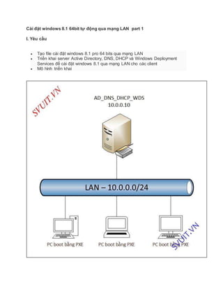 Cài đặt windows 8.1 64bit tự động qua mạng LAN part 1
I. Yêu cầu
 Tạo file cài đặt windows 8.1 pro 64 bits qua mạng LAN
 Triển khai server Active Directory, DNS, DHCP và Windows Deployment
Services để cài đặt windows 8.1 qua mạng LAN cho các client
 Mô hình triển khai
 