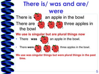 There is/ was and are/
               were
There is              an apple in the bowl
There are                       three apples in
 the bowl
We use is singular but are plural things now
• There was          an apple in the bowl.

• There were                     three apples in the bowl.

We use was singular things but were plural things in the past
  time.



                                                                5
 