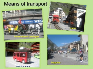 MMeeaannss ooff ttrraannssppoorrtt 
horse-drawn carriages 
ttrraaiinnss 
electric cars 
bbiiccyycclleess 
 