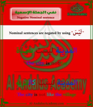 Al-AndalusAcademy.com
Nominal sentences are negated by using " َ
‫س‬ْ‫ي‬َ‫ل‬"
ً‫ة‬َ‫يد‬ِ‫ع‬َ‫ب‬ ْ
‫ت‬ َ‫س‬ْ‫ي‬َ‫ل‬ ُ‫ة‬َ‫ن‬‫ي‬ِ‫د‬َ‫م‬‫ال‬
The city is not far
ِ‫ة‬َ‫ي‬ْ‫ر‬َ‫ق‬‫َال‬‫ك‬ ْ
‫ت‬ َ‫س‬ْ‫ي‬َ‫ل‬ ُ‫ة‬َ‫ن‬‫ي‬ِ‫د‬َ‫م‬‫ال‬
The city is not like the village
Negative Nominal sentence
Negative Nominal sentence
‫اإلسمية‬ ‫الجملة‬ ‫نفي‬
 