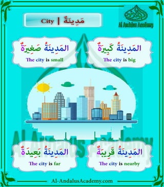 Al-AndalusAcademy.com
ٌ‫ة‬َ‫ري‬ِ‫غ‬ َ
‫ص‬ ُ‫ة‬َ‫ن‬‫ي‬ِ‫د‬َ‫م‬‫ال‬
The city is small
ٌ‫ة‬َ‫ري‬ِ‫ب‬َ‫ك‬ ُ‫ة‬َ‫ن‬‫ي‬ِ‫د‬َ‫م‬‫ال‬
The city is big
ٌ‫ة‬َ‫ب‬‫ي‬ِ‫ر‬َ‫ق‬ ُ‫ة‬َ‫ن‬‫ي‬ِ‫د‬َ‫م‬‫ال‬
The city is nearby
ٌ‫ة‬َ‫يد‬ِ‫ع‬َ‫ب‬ ُ‫ة‬َ‫ن‬‫ي‬ِ‫د‬َ‫م‬‫ال‬
The city is far
City | ٌ‫ة‬َ‫ن‬‫ي‬ِ‫د‬َ‫م‬
City | ٌ‫ة‬َ‫ن‬‫ي‬ِ‫د‬َ‫م‬
 