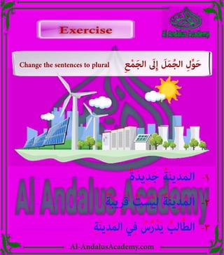 v‫ر‬
Al-AndalusAcademy.com
Exercise
Exercise
Change the sentences to plural ِ‫ع‬ْ‫م‬َ‫ج‬‫ال‬ َ
‫ىَل‬ِ‫إ‬ َ
‫ل‬َ‫م‬ُ‫ج‬‫ال‬ ِ‫ل‬ِّ‫و‬َ‫ح‬
ٌ‫ة‬َ‫يد‬ِ‫د‬َ‫ج‬ ُ‫ة‬َ‫ن‬‫ي‬ِ‫د‬َ‫م‬‫ال‬
..................................... -1
ً‫ة‬َ‫ب‬‫ي‬ِ‫ر‬َ‫ق‬ ْ
‫ت‬ َ‫س‬ْ‫ي‬َ‫ل‬ ُ‫ة‬َ‫ن‬‫ي‬ِ‫د‬َ‫م‬‫ال‬
..................................... -2
ِ‫ة‬َ‫ن‬‫ي‬ِ‫د‬َ‫م‬‫ال‬ ‫ي‬ِ‫ف‬ ُ
‫س‬ُ‫ر‬ْ‫د‬َ‫ي‬ ُ‫ب‬ِ‫ل‬‫ا‬َّ‫ط‬‫ال‬
..................................... -3
 