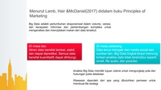 Menurut Lamb, Hair &McDaniel(2017) didalam buku Principles of
Marketing
01
Big Data adalah pertumbuhan eksponensial dalam volume, variasi,
dan kecepatan informasi dan perkembangan kompleks untuk
menganalisis dan menciptakan makan dari data tersebut.
02
03
04
05
Di masa lalu
Aliran data bersifat lambat, stabil,
dan dapat diprediksi. Semua data
bersifat kuantitatif( dapat dihitung).
Di masa sekarang
Data terus mengalir dari media social dan
sumber lain. Big Data tingkat lanjut memung
kinkan analisis data tidak terstruktur seperti
email, file audio, dan youtube.
Analisis Big Data memiliki tujuan utama untuk mengungkap pola dan
hubungan pada database.
Wawasan diperoleh dari apa yang dibutuhkan pemasar untuk
membuat file strategi
 