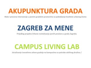 AKUPUNKTURA GRADA 
Male i precizne intervencije u javnim gradskim prostorima za poboljšanje kvalitete urbanog života 
ZAGREB ZA MENE 
Prijedlog projekta Urbane revitalizacije javnih prostora u gradu Zagrebu 
CAMPUS LIVING LAB 
Istraživanje inovativne zelene gradnje na kampusima za potrebe održivog društva / 
 