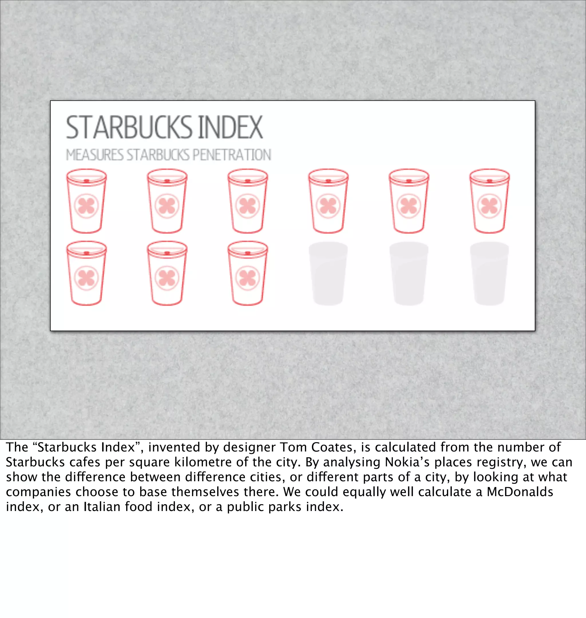 The “Starbucks Index”, invented by designer Tom Coates, is calculated from the number of
Starbucks cafes per square kilometre of the city. By analysing Nokia’s places registry, we can
show the difference between difference cities, or different parts of a city, by looking at what
companies choose to base themselves there. We could equally well calculate a McDonalds
index, or an Italian food index, or a public parks index.
 