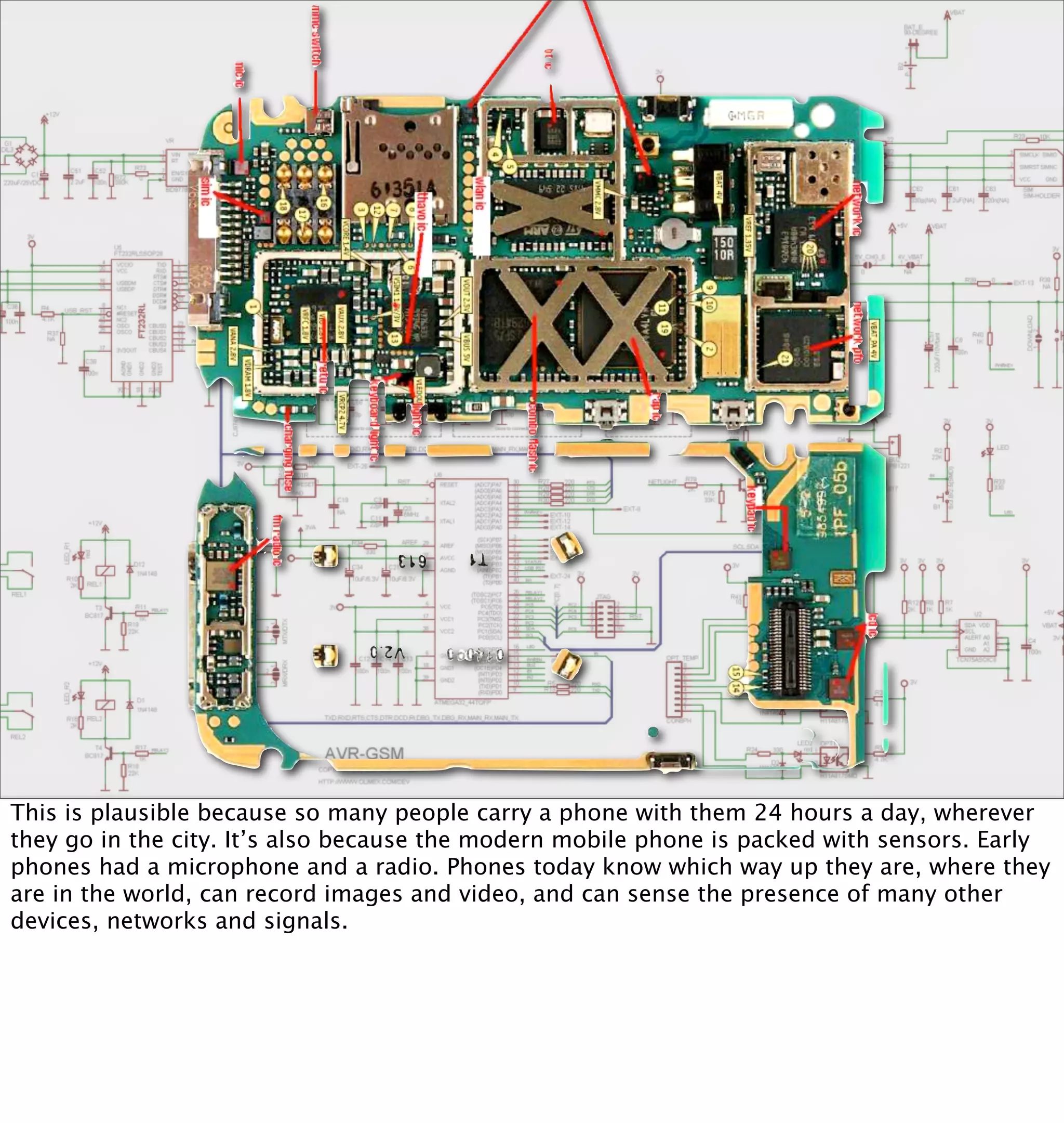 This is plausible because so many people carry a phone with them 24 hours a day, wherever
they go in the city. It’s also because the modern mobile phone is packed with sensors. Early
phones had a microphone and a radio. Phones today know which way up they are, where they
are in the world, can record images and video, and can sense the presence of many other
devices, networks and signals.
 