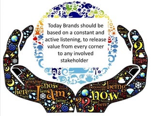 Today Brands should be
based on a constant and
active listening, to release
value from every corner
to any involved
stakeholder
 