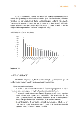 CITY BREAKS   19




       Alguns observadores prevêem que o Dynamic Packaging substitua gradual-
mente as viagens organizadas tradicionalmente, quer pela flexibilidade, quer pela
facilidade que oferece ao cliente. Outros analistas são, pelo contrário, mais cautelo-
sos e advertem que os prestadores de ‘pacotes dinâmicos’ não só são meros interme-
diários como também se convertem em operadores turísticos, uma vez que criam
um produto completamente novo com o respectivo preço.

Utilização da Internet na Europa

                         100
                                    88
                         90
                         80
                         70
       Utilização em %




                                         61
                         60
                                              48 48 47
                         50
                                                         39
                         40                                   35 33
                                                                      29 28
                         30                                                 26 25 25 24
                                                                                        22
                                                                                             18
                         20                                                                       14 14
                         10                                                                               4
                          0
                                                              s
                                            in spo s
                                                   ão as


                                                  Vi ças

                                                    M ns




                                                    tâ s



                                                  Ve ica
                                           oa ra as

                                                    m os


                                                     Fil s
                                                      Jo s
                                                    Le os




                                            ad m t
                                                  pa ia
                                                            ro
                                                  No ail


                                                 Fin cal




                                                 Co sica




                                                   m s


                                          ur Co ha
                                                           ei
                                          ns De pra
                                                 an rto




                                                          lo

                                                           e


                                                 le e




                                               e éd
                                                         ei
                                               aç tíci




                                        nl T ne




                                                         m
                                               de lh




                                                         g
                                                         e
                                                         M




                                              Te ilõ
                                                       óv
                                                       ús
                                                        lo




                                                      ícu
                                                      an




                                                        C
                                                     ag

                                                       ú




                                                      rc
                                             d ba
                                                     E-




                                                     m

                                              st
                                   rm
                                fo
                               In




                                       oc
                                       ge


                                      w




                                     Pr
                                    sa


                                  Do
                                 en
                               M




Fonte: EIAA, 2004




5. OPORTUNIDADES

     O sector das viagens de city breaks apresenta amplas oportunidades, que são
fundamentalmente consequência das seguintes circunstâncias:

  > Crescimento do mercado
     São muitas as razões que fundamentam as excelentes perspectivas de cresci-
mento no sector das viagens de city breaks, entre as quais se destacam:
     > A crescente tendência para a realização de viagens mais curtas mas com
       maior frequência ao longo do ano, o que induz a um crescimento das via-
       gens city breaks, uma vez que permite optimizar o tempo disponível devido
       à concentração de atracções num espaço relativamente reduzido.
     > O grande aumento da oferta com a entrada no mercado de cidades de ter-
       ceiro nível de muitos países da Europa Ocidental e das capitais e cidades de
       segundo nível dos países da Europa do Leste.
 