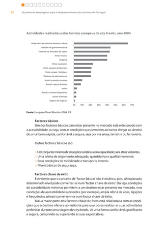 22   10 produtos estratégicos para o desenvolvimento do turismo em Portugal




         Actividades realizadas pelos turistas europeus de city breaks, ano 2004

             Visitar sítios de interesse histórico cultural
                        Desfrutar da gastronomia local
                      Desfrutar da atmosfera da cidade
                                           Visitar museus
                                                Shopping
                                       Visitar exposições
                            Visitar parques de diversões
                              Visitar amigos / familiares
                            Desfrutar da vida nocturna
                             Assistir a eventos musicais
                               Assistir a peças de teatro
                                                   outros
                          Assistir a eventos desportivos
                                       Assistir a festivais
                                    Viagens de negócios

                                                              0%   10%   20%   30%   40%   50%   60%   70%


         Fonte: European Travel Monitor-2004, IPK


               Factores básicos
               Um dos factores básicos para estar presente no mercado está relacionado com
         a acessibilidade, ou seja, com as condições que permitem ao turista chegar ao destino
         de uma forma rápida, confortável e segura, seja por via aérea, terrestre ou ferroviária.

                 Outros factores básicos são:

                 > Um conjunto mínimo de atracções turísticas com capacidade para atrair visitantes.
                 > Uma oferta de alojamento adequada, quantitativa e qualitativamente.
                 > Boas condições de mobilidade e transporte interno.
                 > Níveis básicos de segurança.

               Factores chave de êxito
               É evidente que o conceito de ‘factor básico’ não é estático, pois, ultrapassado
         determinado nível pode converter-se num ’factor chave de êxito’. Ou seja, condições
         de acessibilidade mínimas permitem a um destino estar presente no mercado, mas
         condições de acessibilidade excelentes (por exemplo, ampla oferta de voos, ligações
         e frequências aéreas) convertem-se num factor chave de êxito.
               Mas a maior parte dos factores chave de êxito está relacionada com as condi-
         ções que o destino oferece ao visitante para que possa realizar as suas actividades
         preferidas durante uma viagem de city breaks, de uma forma confortável, gratificante
         e segura, cumprindo ou superando as suas expectativas.
 