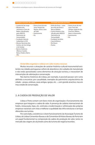 28   10 produtos estratégicos para o desenvolvimento do turismo em Portugal




         Principais atracções de Lisboa                         Principais atracções do Porto
         > Castelo de São Jorge     > Outros locais de inte-   > Vinho do Porto – caves    > Outros locais de inte-
         > Mosteiro dos               resse: Parque das          do vinho do Porto e         resse: Torre dos
           Jerónimos e Torre de       Nações, docas, casas       Barcos Rabelos              Clérigos, Igreja de São
           Belém (classificados       de Fado                  > Centro histórico (clas-     Francisco, Ribeira,
           pela UNESCO              > Gastronomia                sificado pela UNESCO        bares e restaurantes
           Património da            > Etc.                       Património da             > Gastronomia
           Humanidade)                                           Humanidade)               > Etc.
         > Fundação Calouste                                   > Fundação Serralves
           Gulbenkian e CCB                                    > Casa da Música
         > Museus Nacionais dos                                > Rio Douro
           Coches, de Arte Antiga                              > Pontes
           e do Azulejo
         > Bairros históricos:
           Alfama e Castelo,
           Baixa, Chiado e Bairro
           Alto




               Ainda falta organizar e colocar em valor muitos recursos
               Muitos recursos e atracções de carácter histórico-cultural-monumental exis-
         tentes nas cidades portuguesas sofrem de abandono e de cuidados de manutenção
         e não estão aproveitados como elementos de atracção turística, e necessitam de
         intervenções de valorização e conservação.
               Nos bairros históricos de Lisboa, por exemplo, é possível passear sem rumo
         definido e encontrar, por casualidade, exemplos do património arquitectónico da
         cidade – praças, estátuas, casas antigas, igrejas, etc. –, com grande atractivo, mas em
         mau estado de conservação.




         2. A CADEIA DE PRODUÇÃO DE VALOR

               Lisboa e Porto contam com bons níveis de organização e funcionamento das
         empresas que integram a cadeia de valor. A presença de cadeias internacionais de
         hotéis, restauração, lojas, etc. estimula a modernização e sofisticação das próprias
         empresas nacionais com vista a melhorar a qualidade das infra-estruturas e serviços
         oferecidos aos turistas.
               Por outro lado, a existência e o bom funcionamento da Associação Turismo de
         Lisboa, do Lisboa Convention Bureau e do Convention & Visitors Bureau do Porto tem
         um papel fundamental na composição da cadeia de produção de valor, tanto no
         mercado das viagens de city breaks como do turismo de negócio/reuniões.
 