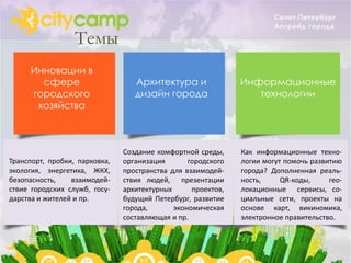 Темы
      Инновации в
        сфере                     Архитектура и               Информационные
      городского                  дизайн города                  технологии
       хозяйства



                               Создание комфортной среды,     Как информационные техно-
Транспорт, пробки, парковка,   организация       городского   логии могут помочь развитию
экология, энергетика, ЖКХ,     пространства для взаимодей-    города? Дополненная реаль-
безопасность,    взаимодей-    ствия людей, презентации       ность,     QR-коды,     гео-
ствие городских служб, госу-   архитектурных      проектов,   локационные сервисы, со-
дарства и жителей и пр.        будущий Петербург, развитие    циальные сети, проекты на
                               города,       экономическая    основе карт, викиномика,
                               составляющая и пр.             электронное правительство.
 