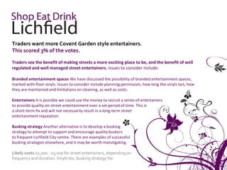 Traders want more Covent Garden style entertainers.
This scored 3% of the votes.

Traders see the benefit of making streets a more exciting place to be, and the benefit of well
regulated and well managed street entertainers. Issues to consider include:

Branded entertainment spaces We have discussed the possibility of branded entertainment spaces,
marked with floor vinyls. Issues to consider include planning permission, how long the vinyls last, how
they are maintained and limitations on cleaning, as well as costs.

Entertainers It is possible we could use the money to recruit a series of entertainers
to provide quality on-street entertainment over a set period of time. This is
a short-term fix and will not necessarily result in a long-term street
entertainment reputation.

Busking strategy Another alternative is to develop a busking
strategy to attempt to support and encourage quality buskers
to frequent Lichfield City centre. There are examples of successful
busking strategies elsewhere, and it may be worth investigating.

Likely costs £2,000 - £5,000 for street entertainers, depending on
frequency and duration. Vinyls tbc, busking strategy foc
 