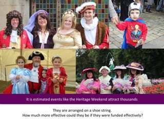 It is estimated events like the Heritage Weekend attract thousands
   It is estimated events like the Heritage Weekend attract thousands

               They are arranged on a shoe string.
How much more effective could they be if they were funded effectively?
 