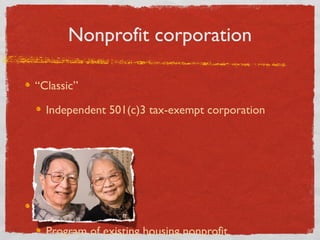 Nonprofit corporation
“Classic”
Independent 501(c)3 tax-exempt corporation
Variations:
Program of existing housing nonprof...