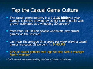 Tap the Casual Game Culture The casual game industry is a $  2.25 billion  a year market, currently growing by 20 per cent annually with growth estimated at a whopping 20 percent* More than 200 million people worldwide play casual games via the Internet.  Last year the average time spent per week playing casual games increased 28 percent  to  5 HOURS 50% of casual gamers over age 50 play with a younger family member * 2007 market report released by the Casual Games Association  
