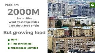 2000M
Live in cities
Want fresh vegetables
Care about food origin
Problem
But growing food
Hard
Time consuming
Urban space...