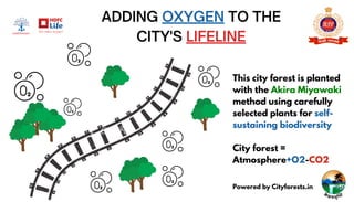 ADDING OXYGEN TO THE
CITY'S LIFELINE
This city forest is planted
with the Akira Miyawaki
method using carefully
selected plants for self-
sustaining biodiversity
City forest =
Atmosphere+O2-CO2
Powered by Cityforests.in
 