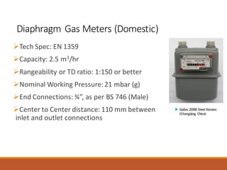 Diaphragm Gas Meters (Domestic)
➢Tech Spec: EN 1359
➢Capacity: 2.5 m3/hr
➢Rangeability or TD ratio: 1:150 or better
➢Nominal Working Pressure:21 mbar (g)
➢End Connections: ¾”, as per BS 746 (Male)
➢Center to Center distance: 110 mm between
inlet and outlet connections
 