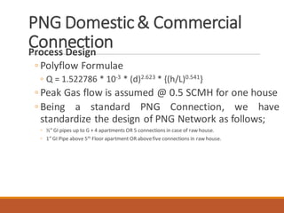 PNG Domestic& Commercial
ConnectionProcess Design
◦ Polyflow Formulae
◦ Q = 1.522786 * 10-3 * (d)2.623 * {(h/L)0.541}
◦ Peak Gas flow is assumed @ 0.5 SCMH for one house
◦ Being a standard PNG Connection, we have
standardize the design of PNG Network as follows;
◦ ½” GI pipes up to G + 4 apartments OR 5 connections in case of raw house.
◦ 1” GI Pipe above 5th
Floor apartment OR abovefive connections in raw house.
 