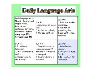 Daily Language Arts:
                                                DLA #2:
Nouns - Common and
                        DLA #1:                 1. Aunt mae worked
Proper Nouns.
                        1. Sometimes ali saves on monday.
Rewrite the
                        cans.                   2. We met on
sentences correctly.
                        2. My Cat purrs loudly. groundhog day.
Resources: Write
                        3. The Boy went out.    3. We went to new
Away page 279;
                                                york city.
Voyages page 240


DLA #3:                 DLA #4:                  DLA #5:
1. I celebrate          1. They will arrive on   1. Ani called mr.
halloween.              friday, november 9.      hammer.
2. Will luis move his   Ask mrs. li to meet us   2. The Date is tues.,
Car?                    in New york.             Oct 9.
3. Please come to       3. I watered mary's      3. Is feb short for
lina's Party.           rosebush.                february?
 