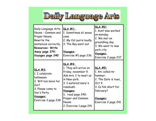 DLA #2:
Daily Language Arts:   DLA #1:
                                             1. Aunt mae worked
Nouns - Common and     1. Sometimes ali saves
                                             on monday.
Proper Nouns.          cans.
                                             2. We met on
Rewrite the            2. My Cat purrs loudly.
                                             groundhog day.
sentences correctly.   3. The Boy went out.
                                             3. We went to new
Resources: Write
                                             york city.
Away page 279;         Voyages:
                                             Voyages:
Voyages page 240       Exercise #1 page 236.
                                             Exercise 2 page 237

                      DLA #4:
                      1. They will arrive on     DLA #5:
DLA #3:
                      friday, november 9.        1. Ani called mr.
1. I celebrate
                      Ask mrs. li to meet us     hammer.
halloween.
                      in New york.               2. The Date is tues.,
2. Will luis move his
                      3. I watered mary's        Oct 9.
Car?
                      rosebush.                  3. Is feb short for
3. Please come to
                      Voyages:                   february?
lina's Party.
                      1. read page 240-
Voyages:
                      Proper and Common          Voyages:
Exercise 3 page 238
                      Nouns                      Exercise 2 page 241
                      2. Exercise 1 page 241
 