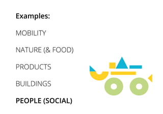 Examples:
MOBILITY
NATURE (& FOOD)
PRODUCTS
BUILDINGS
PEOPLE (SOCIAL)
 