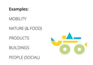 Examples:
MOBILITY
NATURE (& FOOD)
PRODUCTS
BUILDINGS
PEOPLE (SOCIAL)
 
