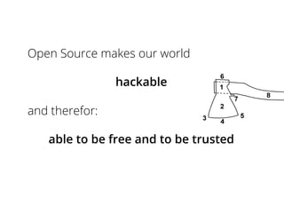 Open Source makes our world
hackable
and therefor:
able to be free and to be trusted
 