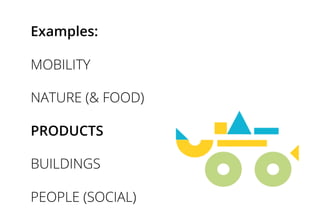 Examples:
MOBILITY
NATURE (& FOOD)
PRODUCTS
BUILDINGS
PEOPLE (SOCIAL)
 