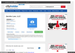 pdfcrowd.comopen in browser PRO version Are you a developer? Try out the HTML to PDF API
Search
Search Reviews
Sort by: Time Rating
0 Reviews for Jacobs Law, LLC
Rating: 0
based on 0 reviews
86 clicks on this business
Categories:
Attorneys / Legal Services
6048 N Keystone Ave
Indianapolis, IN 46220
Phone: 317-257-5581
http://www.indianainjury.com
Browse more (0 pics)...
Add a photo...
Jacobs Law, LLC
Claim Listing Connect Follow Recommend Write a Review
Business Description:
At Jacobs Law LLC, attorneys Sam Jacobs and Kimberly Danforth have devoted their professional lives to
serving people who have been harmed by another’s negligence. Our lawyers have more than 50 years of
experience helping injured people across Central Indiana. In all of our cases, we focus on one seemingly
simple concept: What can our law firm d...
Read full business description »
Home Find a Pro Real Estate Things To Do Events Restaurants Hotels Deals Forums Write a Review + Add
What are you looking for? Indianapolis, IN
English
cityinsider.com Sign Up 5,699 people like this. Sign Up to see what your friends like.Like
 