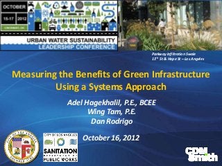 Parkway Infiltration Swale
                                     11th St & Hope St – Los Angeles



Measuring the Benefits of Green Infrastructure
         Using a Systems Approach
            Adel Hagekhalil, P.E., BCEE
                  Wing Tam, P.E.
                   Dan Rodrigo

                October 16, 2012
 