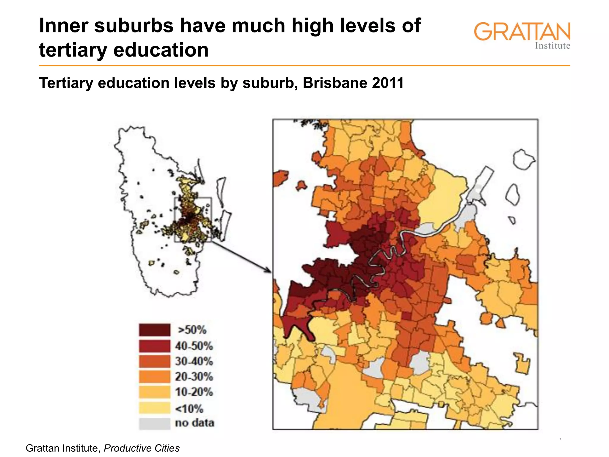 13
Inner suburbs have much high levels of
tertiary education
Tertiary education levels by suburb, Brisbane 2011
Grattan Institute, Productive Cities
 